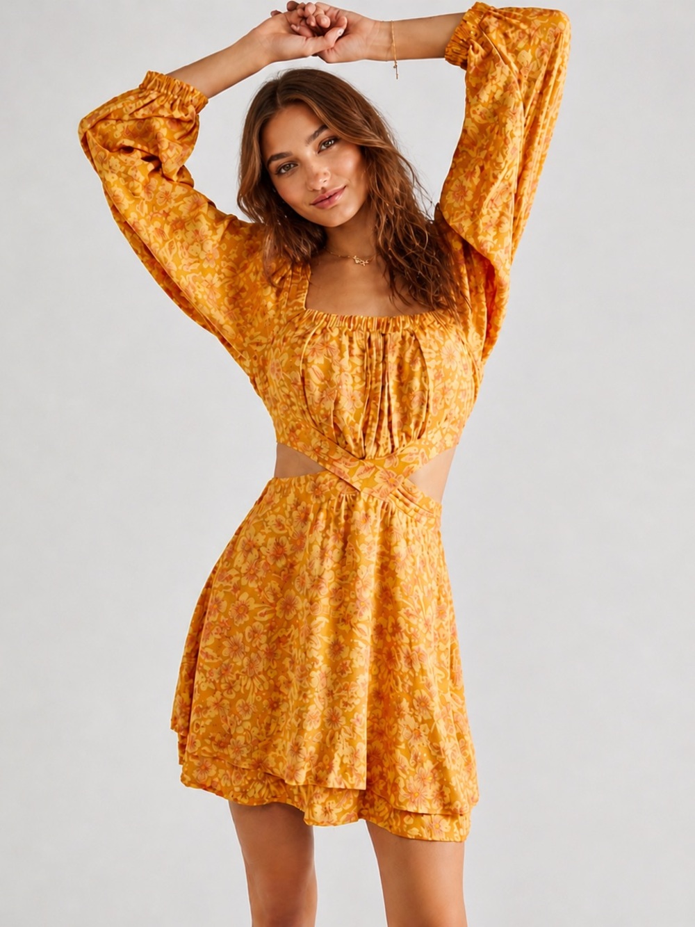 Free People Jael Cutout Mini Dress Golden Yellow Floral Baloon Sleeve Size M